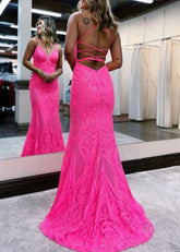 Cathy | Long Pink Prom Dress Sequin With Bodycon Mermaid V Neck Glitter Backless - Pink - PromDressClub
